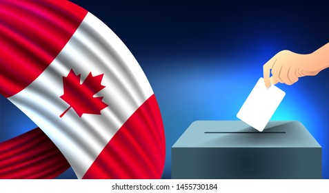 Male hand puts down a white sheet of paper with a mark as a symbol of a ballot paper against the background of the Canada flag, Canada the symbol of elections