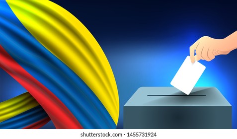 Male hand puts down a white sheet of paper with a mark as a symbol of a ballot paper against the background of the Colombia flag, Colombia the symbol of elections