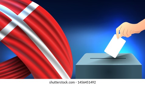 Male hand puts down a white sheet of paper with a mark as a symbol of a ballot paper against the background of the denmark flag, denmark the symbol of elections