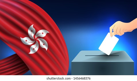 Male hand puts down a white sheet of paper with a mark as a symbol of a ballot paper against the background of the hong kong flag, hong kong the symbol of elections