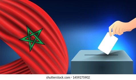 Male hand puts down a white sheet of paper with a mark as a symbol of a ballot paper against the background of the Morocco flag, Morocco the symbol of elections
