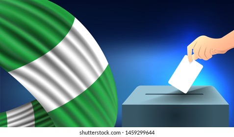 Male hand puts down a white sheet of paper with a mark as a symbol of a ballot paper against the background of the Nigeria flag, Nigeria the symbol of elections