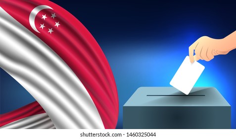 Male hand puts down a white sheet of paper with a mark as a symbol of a ballot paper against the background of the Singapore flag, Singapore  the symbol of elections