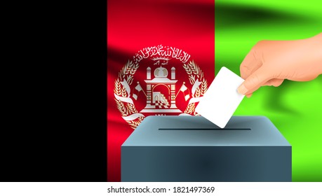 Male hand puts down a white sheet of paper with a mark as a symbol of a ballot paper against the background of the Afghanistan flag, Afghanistan the symbol of elections