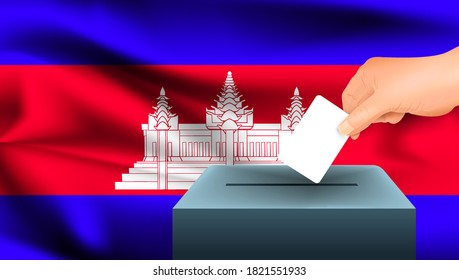Mano masculina coloca una hoja blanca de papel con una marca como símbolo de una cédula de votación contra el fondo de la bandera de Camboya. Camboya el símbolo de las elecciones