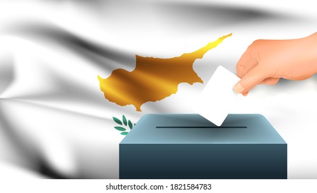 Male hand puts down a white sheet of paper with a mark as a symbol of a ballot paper against the background of the Cyprus flag. Cyprus the symbol of elections