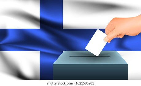 Male hand puts down a white sheet of paper with a mark as a symbol of a ballot paper against the background of the Finland flag. Finland the symbol of elections