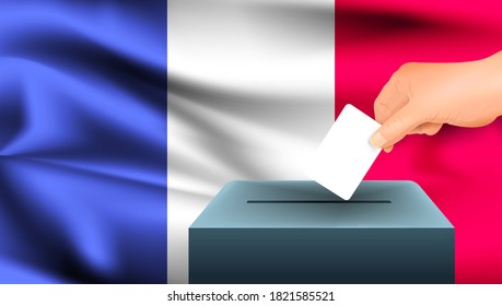 Mano masculina coloca una hoja blanca de papel con una marca como símbolo de una cédula de votación contra el fondo de la bandera francesa. Francia: el símbolo de las elecciones