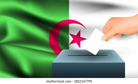 Male hand puts down a white sheet of paper with a mark as a symbol of a ballot paper against the background of the Algeria flag. Algeria the symbol of elections