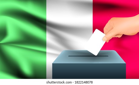 Male hand puts down a white sheet of paper with a mark as a symbol of a ballot paper against the background of the Italy flag. Italy the symbol of elections