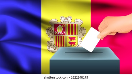 Male hand puts down a white sheet of paper with a mark as a symbol of a ballot paper against the background of the Andorra flag. Andorra the symbol of elections