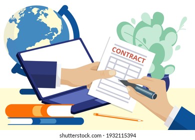 Male hand putting digital signature into contract. Businessmen signing online document using computer. Business agreement, partnership, cooperation concept flat vector illustration