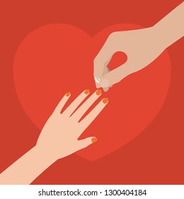 Male hand putting wedding ring on female hand on red heart background in flat style