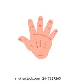 Male hand raised up with open fingers voting gesture icon vector flat illustration. Human cartoon arm showing five friendly communication body language gesturing closed palm greeting expression