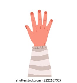 Male hand raised up, dorsal side. Men arm with neat fingers, nails, rising to vote. Human wrist with sweater cuff. Flat vector illustration isolated on white background