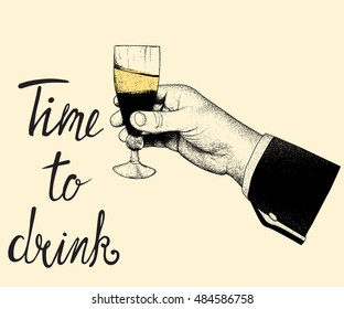 Male hand raises a glass of champagne on white background.Engraved work.Vintage style.Vector illustration