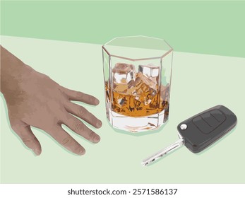 Male hand reaches for a drink and the car keys. Alcohol addiction and driving.