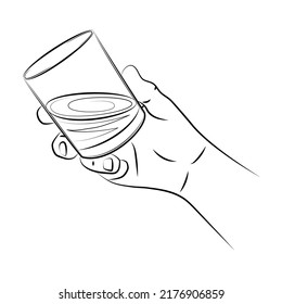 Male hand in realistic gesture holding glass of whiskey, close-up. Drink portion of aged alcohol. Glass with strong drink. Cheers toast. Alcohol drink for luxury celebration. Sketch, linear drawing