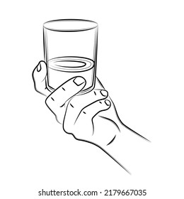 Male hand in realistic gesture holding glass of whiskey, close-up. Drink portion of aged alcohol. Glass with strong drink. Cheers toast. Alcohol drink for luxury celebration. Sketch, linear drawing