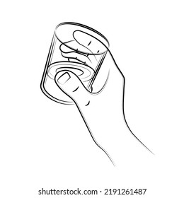 Male hand in realistic gesture holding glass of whiskey, close-up. Drink portion of aged alcohol. Glass with strong drink. Cheers toast. Alcohol drink for luxury celebration. Sketch, linear drawing