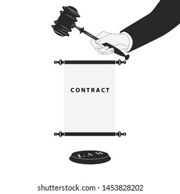 Male hand with referee hammer, scroll contract - isolated on white background - vector. Legal support contract.