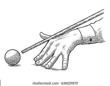 Male hand in a shirt is aimed cue at the ball. Vintage black engraving illustration for poster, banner billiard club. Isolated on white background.