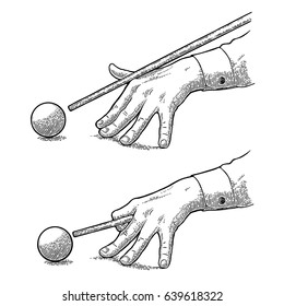 Male hand in a shirt is aimed cue at the ball. Vintage black engraving illustration for poster, banner billiard club. Isolated on white background.