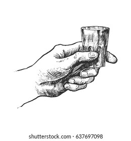 Male hand with a shot of alcohol. Vintage stylized drawing. Vector hand drawn illustration in a retro woodcut style