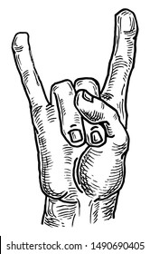 Male hand show sign Rock and Roll. Vector black vintage engraving illustration isolated on a white background. Devil horns gesture for web, poster, t-shirt