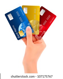 Male hand showing credit cards. vector illustration.