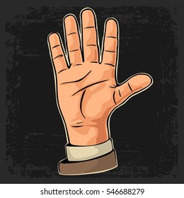 Male hand showing five fingers. Vector color flat illustration isolated on a dark background. Hand sign for web, poster, info graphic.