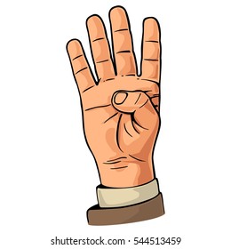 Male hand showing four fingers. Vector color vintage flat illustration isolated on a white background. Hand sign for web, poster, info graphic.