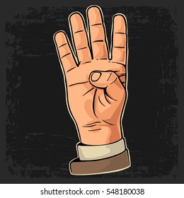 Male hand showing four fingers. Vector color vintage flat illustration isolated on a dark background. Hand sign for web, poster, info graphic.