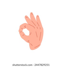 Male hand showing ok okay all right gesture with connected index and thumb finger icon vector flat illustration. Human cartoon arm gesturing fine good agree approval yes done positive decision