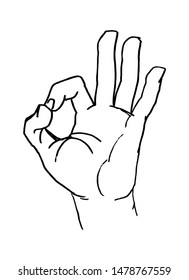 Male hand showing symbol okay. Vector black vintage illustration isolated on a white background. Hand drawn design for web, poster, info graphic