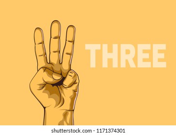 Male hand hand shows number three. Modern design. Vector illustration