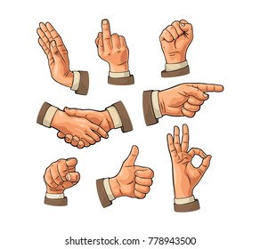 Male Hand Sign. Fist, Like, Handshake, Ok, Pointing, Stop, Finger At Viewer From Front. Vector Vintage Engraving Illustration Isolated White Background