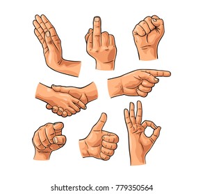 Male hand sign. Fist, Like, handshake, Ok, Pointing, Stop, finger at viewer from front. Vector vintage engraved illustration isolated white background