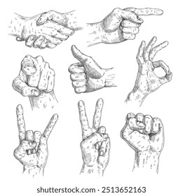 Male Hand sign. Like, handshake, ok, victory, pointing, Rock and Roll gesture. Vector black vintage engraved illustration isolated white background