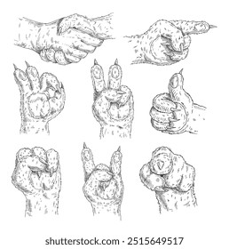 Male Hand sign. Like, handshake, ok, victory, pointing, Rock and Roll gesture. Vector black vintage engraved illustration isolated white background