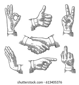 Male Hand Sign. Like, Handshake, Ok, Stop, Middle Finger Up, Victory, Pointing Gesture. Vector Black Vintage Engraved Illustration Isolated White Background