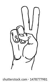 Male hand sign show sign victory or peace. Vector black vintage illustration isolated on a white background. Hand drawn design for web, poster, info graphic