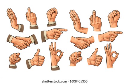 Male hand sign in sleeve suit and without. Fist, Like, handshake, Ok, Pointing, Stop, finger viewer from front. Vector vintage engraved illustration isolated white background. Making thumb up gesture