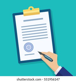 Male hand signing document. Hand filling checklist on clipboard. Modern flat design concept for web banners, web sites, printed materials, infographics.