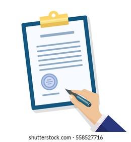 Male hand signing document. Hand filling checklist on clipboard. Modern flat design concept for web banners, web sites, printed materials, infographics.