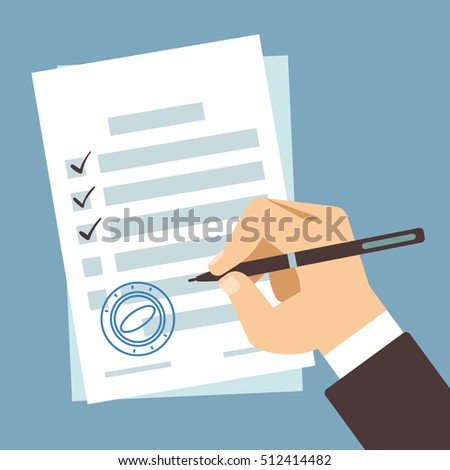 Male hand signing document, man writing on paper contract,  filling tax form vector illustration