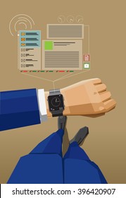 Male hand with smart watch. vector illustration gadget watches, smart interface