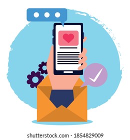 male hand smartphone in envelope message communications vector illustration