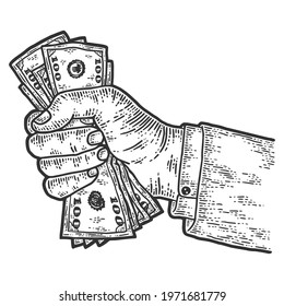 Male hand squeezes dollar bills. Sketch scratch board imitation. Black and white. Engraving vector illustration