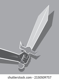 Male hand of strong warrior holds short sword. Cold weapon of medieval knight. Line vector isolated on white background
